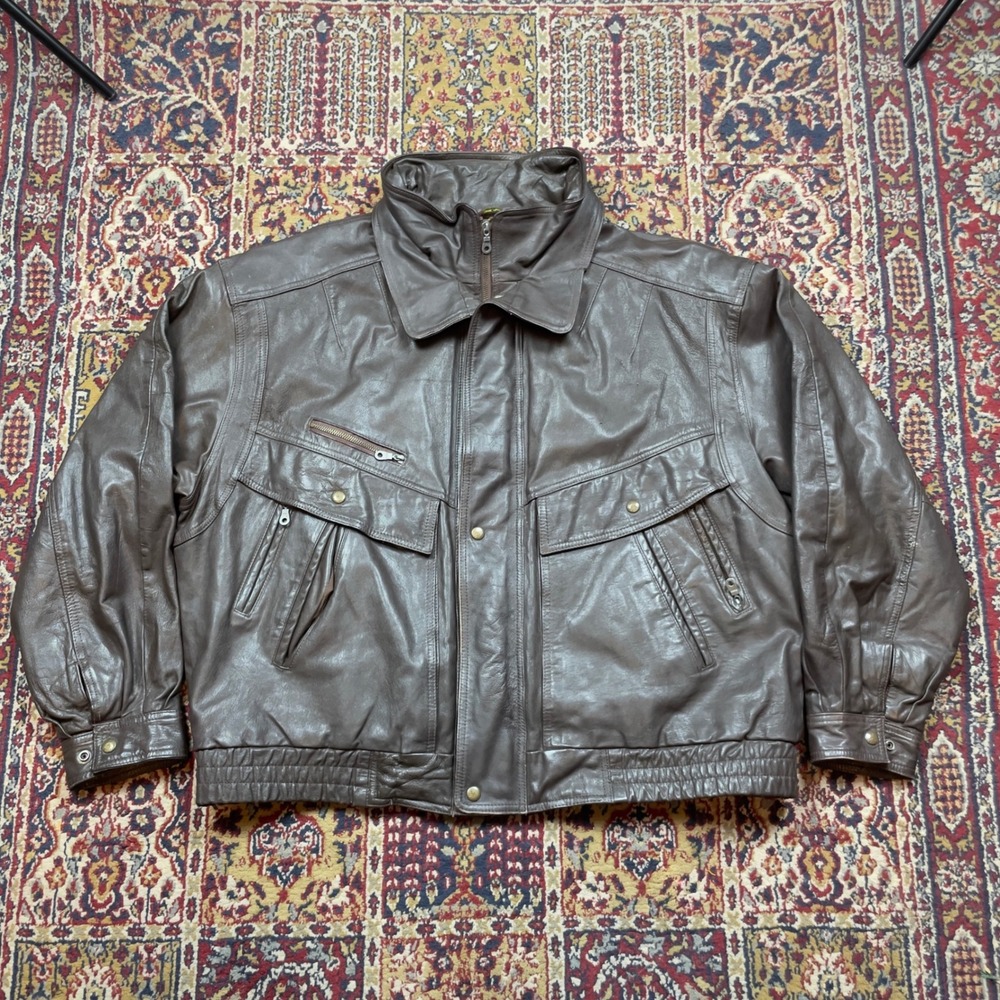 VTG‎ 80s 90s LA Leather Brown Bomber Jacket Zip Pockets Double Collar XXL 2XL